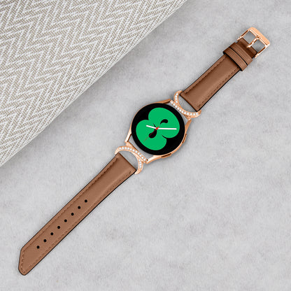 For Samsung Galaxy Watch 3 41mm / Watch 5 40mm / 44mm Split Leather Strap 20mm Rhinestone D-shape Connector Wrist Band with Rose Gold Buckle