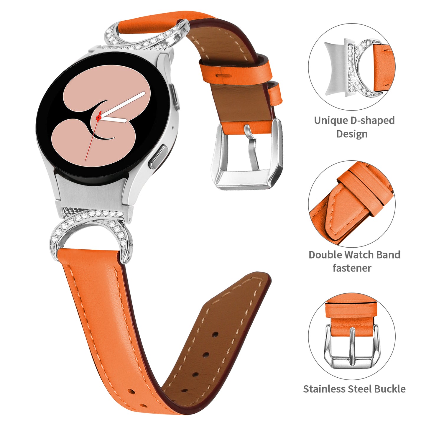 For Samsung Galaxy Watch6 40mm 44mm / Watch6 Classic 43mm 47mm / Watch 5 40mm 44mm / Watch4 40mm 44mm Replacement Split Leather Strap Rhinestone D-shape Connector Wrist Band with Silver Buckle