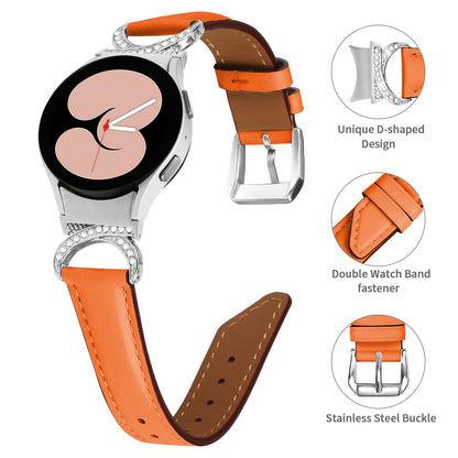 For Samsung Galaxy Watch6 40mm 44mm / Watch6 Classic 43mm 47mm / Watch 5 40mm 44mm / Watch4 40mm 44mm Replacement Split Leather Strap Rhinestone D-shape Connector Wrist Band with Silver Buckle