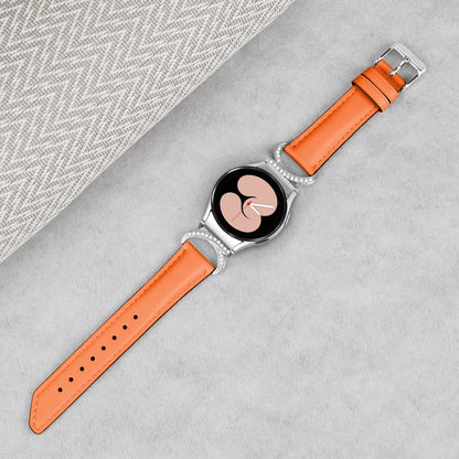 For Samsung Galaxy Watch6 40mm 44mm / Watch6 Classic 43mm 47mm / Watch 5 40mm 44mm / Watch4 40mm 44mm Replacement Split Leather Strap Rhinestone D-shape Connector Wrist Band with Silver Buckle