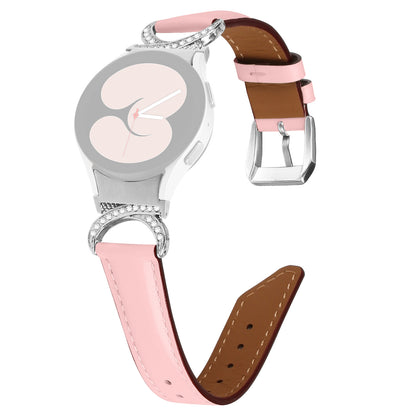 For Samsung Galaxy Watch6 40mm 44mm / Watch6 Classic 43mm 47mm / Watch 5 40mm 44mm / Watch4 40mm 44mm Replacement Split Leather Strap Rhinestone D-shape Connector Wrist Band with Silver Buckle