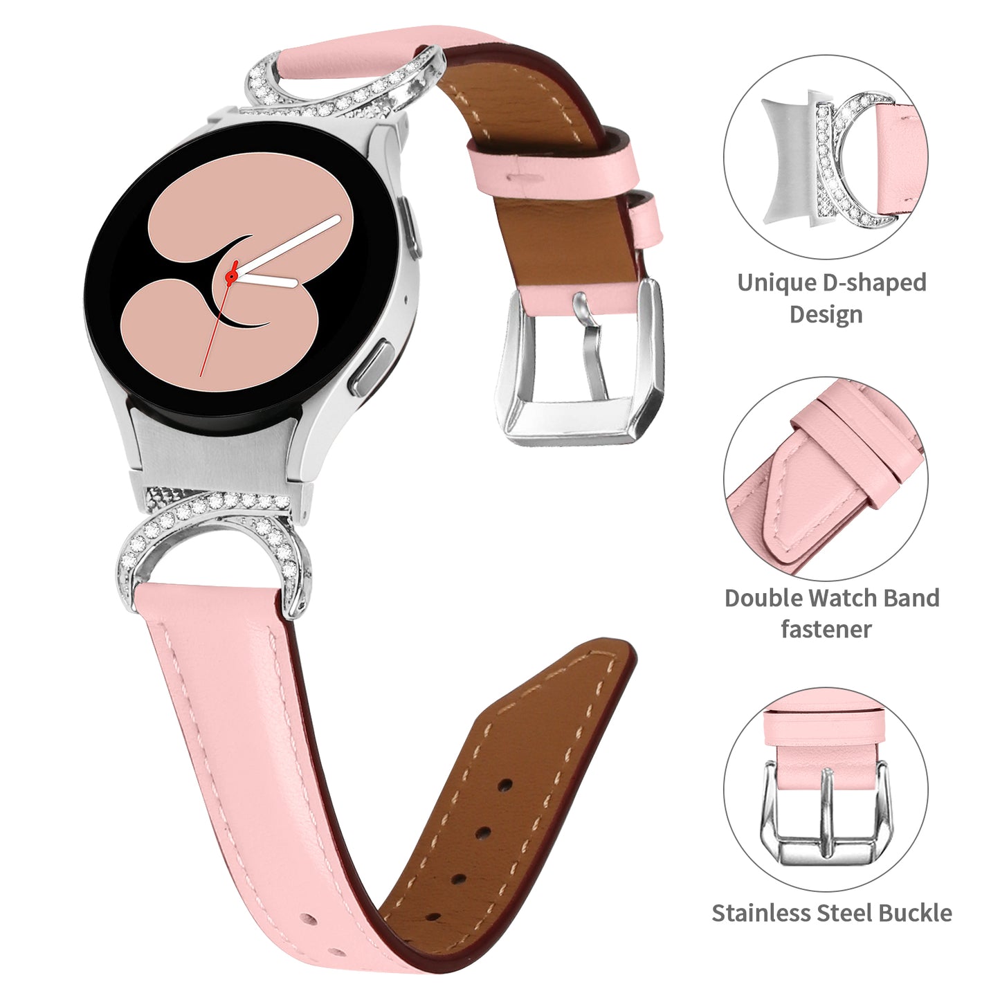 For Samsung Galaxy Watch6 40mm 44mm / Watch6 Classic 43mm 47mm / Watch 5 40mm 44mm / Watch4 40mm 44mm Replacement Split Leather Strap Rhinestone D-shape Connector Wrist Band with Silver Buckle