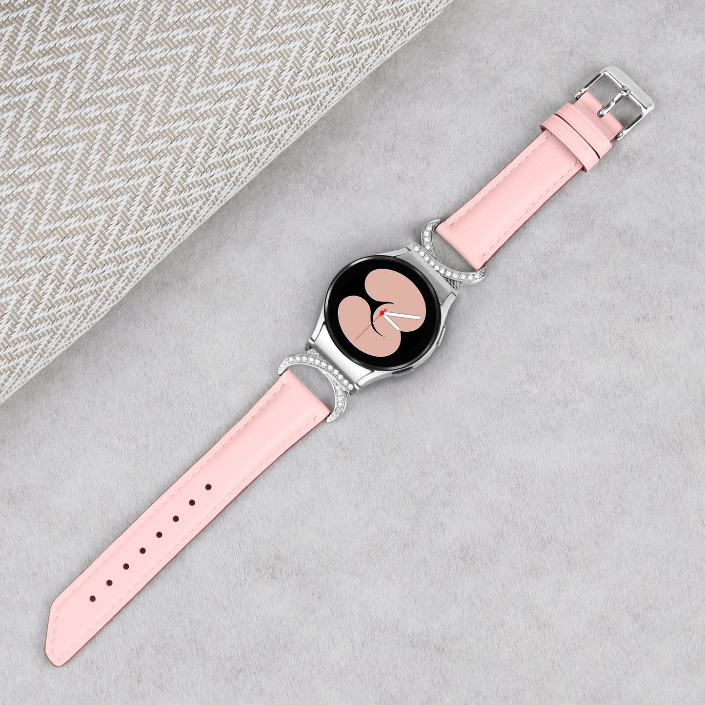 For Samsung Galaxy Watch6 40mm 44mm / Watch6 Classic 43mm 47mm / Watch 5 40mm 44mm / Watch4 40mm 44mm Replacement Split Leather Strap Rhinestone D-shape Connector Wrist Band with Silver Buckle