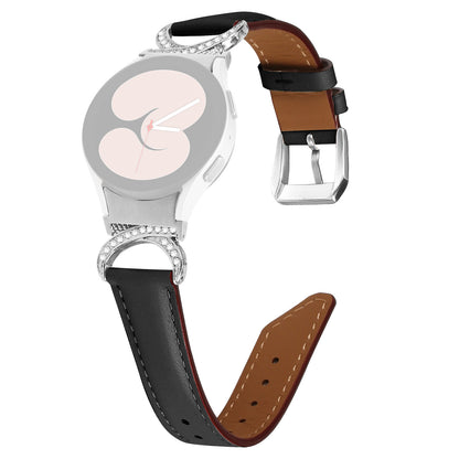 For Samsung Galaxy Watch6 40mm 44mm / Watch6 Classic 43mm 47mm / Watch 5 40mm 44mm / Watch4 40mm 44mm Replacement Split Leather Strap Rhinestone D-shape Connector Wrist Band with Silver Buckle