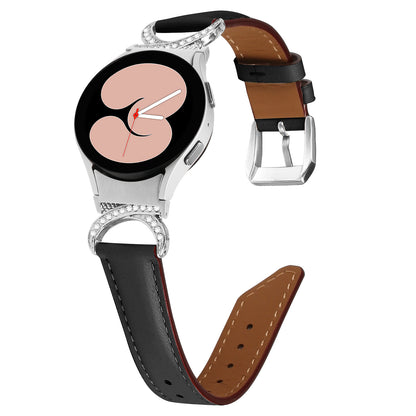 For Samsung Galaxy Watch6 40mm 44mm / Watch6 Classic 43mm 47mm / Watch 5 40mm 44mm / Watch4 40mm 44mm Replacement Split Leather Strap Rhinestone D-shape Connector Wrist Band with Silver Buckle