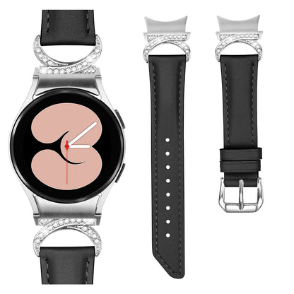 For Samsung Galaxy Watch6 40mm 44mm / Watch6 Classic 43mm 47mm / Watch 5 40mm 44mm / Watch4 40mm 44mm Replacement Split Leather Strap Rhinestone D-shape Connector Wrist Band with Silver Buckle