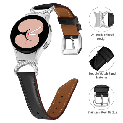 For Samsung Galaxy Watch6 40mm 44mm / Watch6 Classic 43mm 47mm / Watch 5 40mm 44mm / Watch4 40mm 44mm Replacement Split Leather Strap Rhinestone D-shape Connector Wrist Band with Silver Buckle