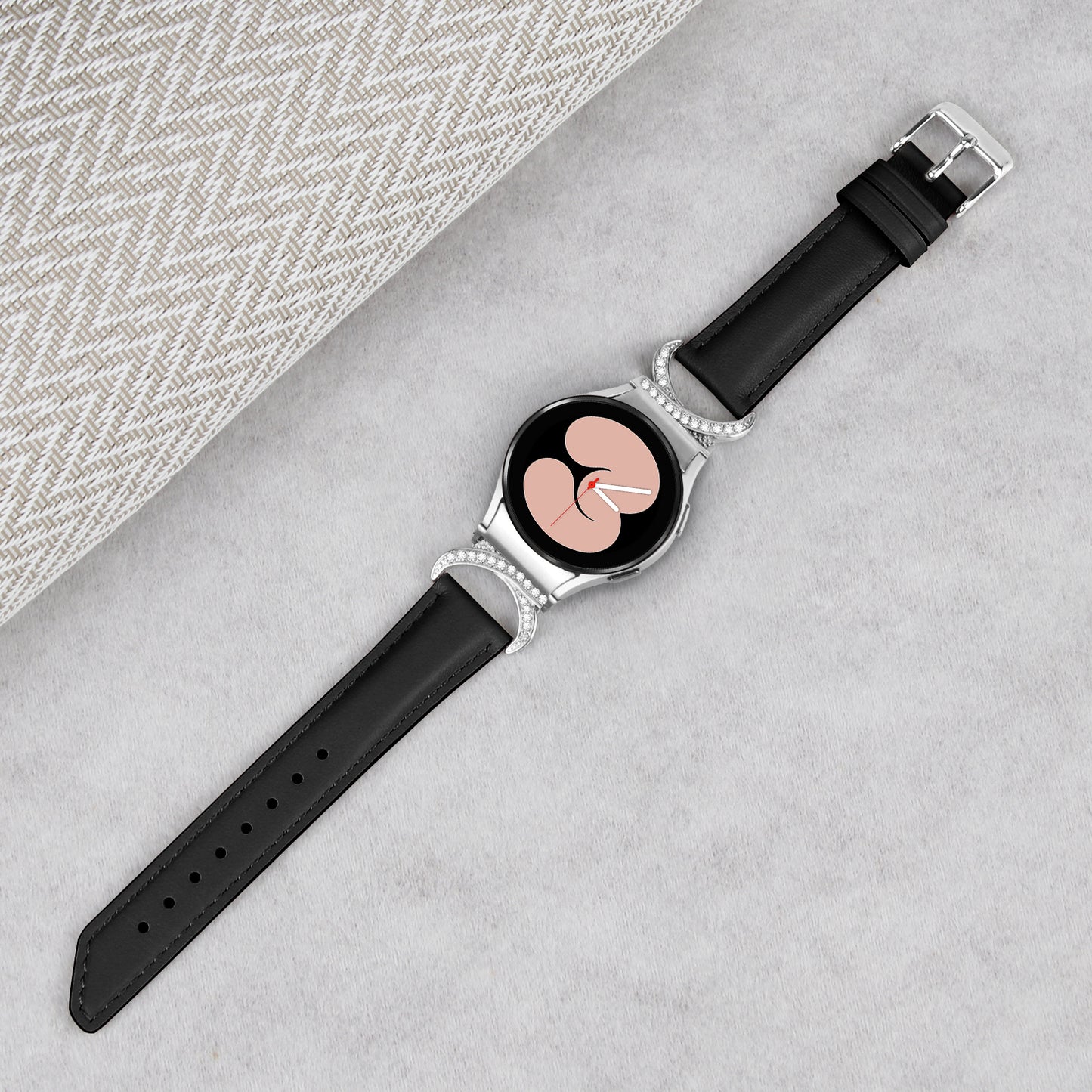 For Samsung Galaxy Watch6 40mm 44mm / Watch6 Classic 43mm 47mm / Watch 5 40mm 44mm / Watch4 40mm 44mm Replacement Split Leather Strap Rhinestone D-shape Connector Wrist Band with Silver Buckle