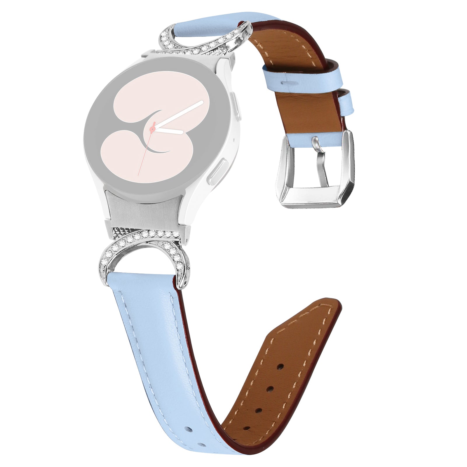 For Samsung Galaxy Watch6 40mm 44mm / Watch6 Classic 43mm 47mm / Watch 5 40mm 44mm / Watch4 40mm 44mm Replacement Split Leather Strap Rhinestone D-shape Connector Wrist Band with Silver Buckle