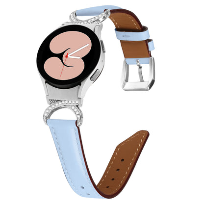 For Samsung Galaxy Watch6 40mm 44mm / Watch6 Classic 43mm 47mm / Watch 5 40mm 44mm / Watch4 40mm 44mm Replacement Split Leather Strap Rhinestone D-shape Connector Wrist Band with Silver Buckle