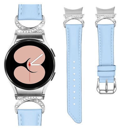 For Samsung Galaxy Watch6 40mm 44mm / Watch6 Classic 43mm 47mm / Watch 5 40mm 44mm / Watch4 40mm 44mm Replacement Split Leather Strap Rhinestone D-shape Connector Wrist Band with Silver Buckle