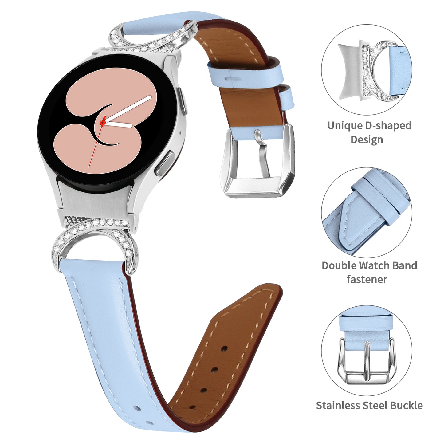 For Samsung Galaxy Watch6 40mm 44mm / Watch6 Classic 43mm 47mm / Watch 5 40mm 44mm / Watch4 40mm 44mm Replacement Split Leather Strap Rhinestone D-shape Connector Wrist Band with Silver Buckle