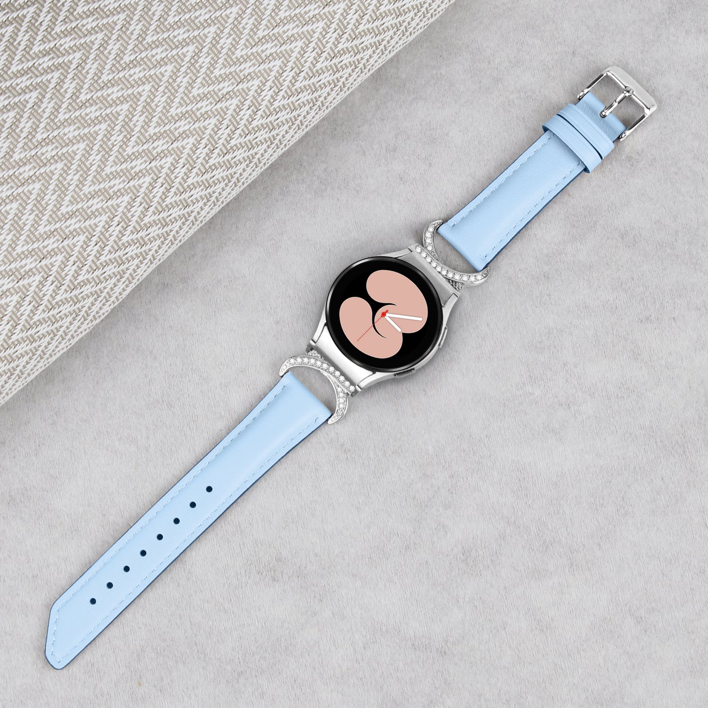 For Samsung Galaxy Watch6 40mm 44mm / Watch6 Classic 43mm 47mm / Watch 5 40mm 44mm / Watch4 40mm 44mm Replacement Split Leather Strap Rhinestone D-shape Connector Wrist Band with Silver Buckle