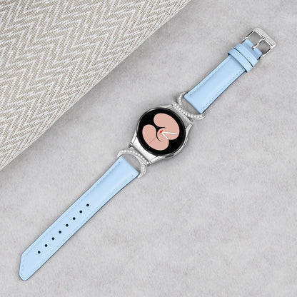 For Samsung Galaxy Watch6 40mm 44mm / Watch6 Classic 43mm 47mm / Watch 5 40mm 44mm / Watch4 40mm 44mm Replacement Split Leather Strap Rhinestone D-shape Connector Wrist Band with Silver Buckle