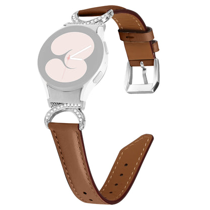 For Samsung Galaxy Watch6 40mm 44mm / Watch6 Classic 43mm 47mm / Watch 5 40mm 44mm / Watch4 40mm 44mm Replacement Split Leather Strap Rhinestone D-shape Connector Wrist Band with Silver Buckle