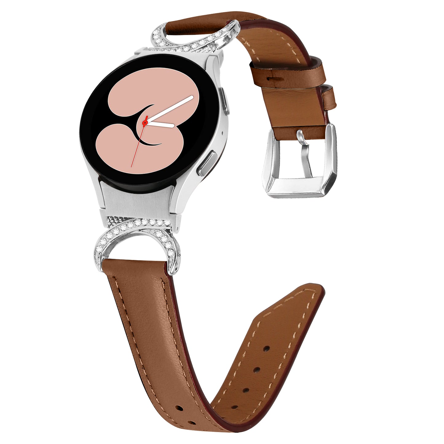 For Samsung Galaxy Watch6 40mm 44mm / Watch6 Classic 43mm 47mm / Watch 5 40mm 44mm / Watch4 40mm 44mm Replacement Split Leather Strap Rhinestone D-shape Connector Wrist Band with Silver Buckle