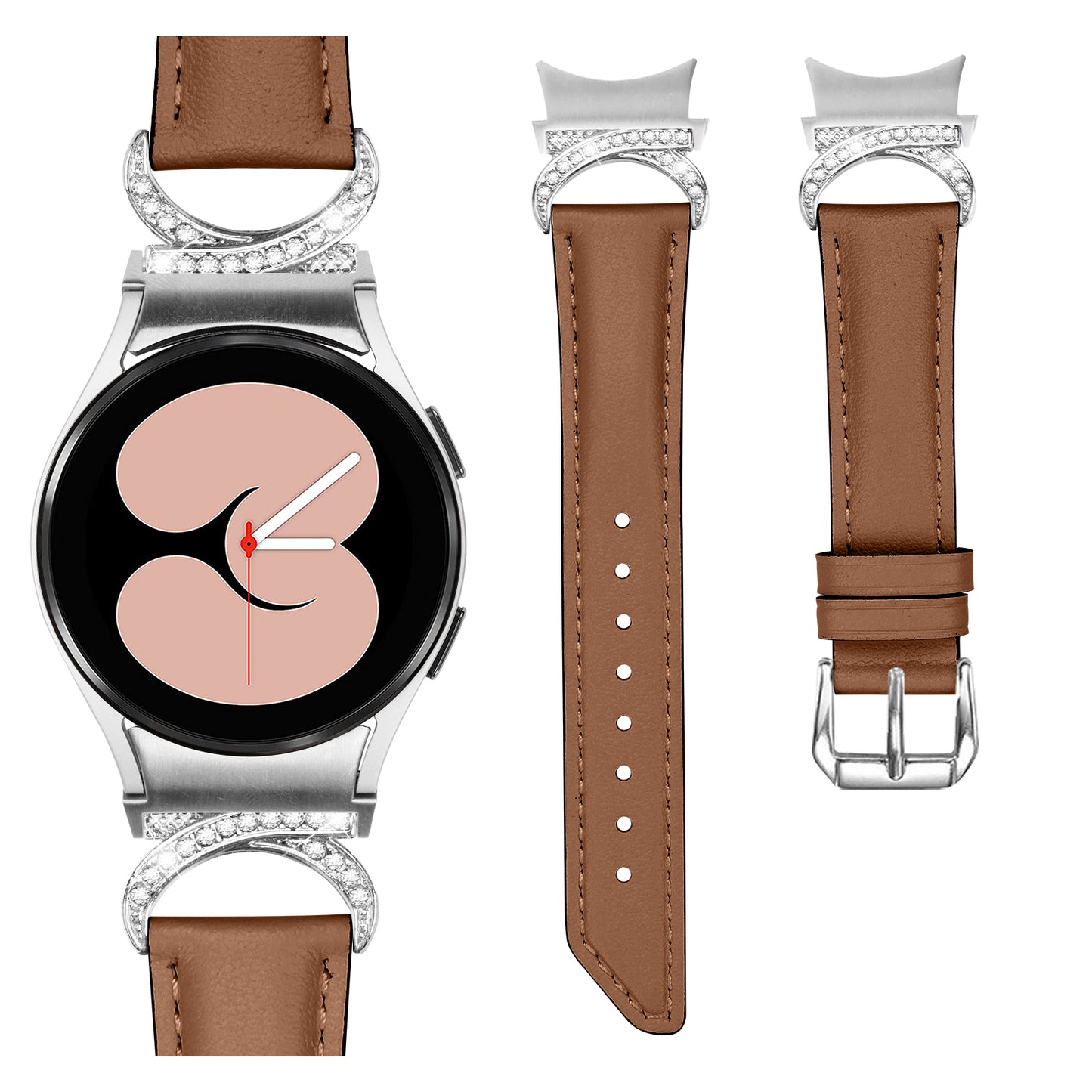 For Samsung Galaxy Watch6 40mm 44mm / Watch6 Classic 43mm 47mm / Watch 5 40mm 44mm / Watch4 40mm 44mm Replacement Split Leather Strap Rhinestone D-shape Connector Wrist Band with Silver Buckle