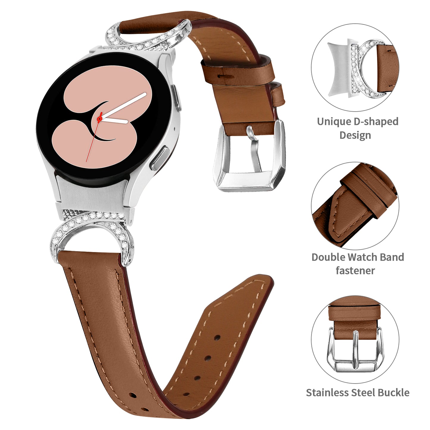 For Samsung Galaxy Watch6 40mm 44mm / Watch6 Classic 43mm 47mm / Watch 5 40mm 44mm / Watch4 40mm 44mm Replacement Split Leather Strap Rhinestone D-shape Connector Wrist Band with Silver Buckle