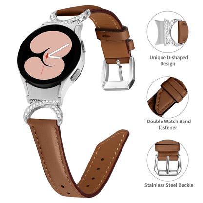 For Samsung Galaxy Watch6 40mm 44mm / Watch6 Classic 43mm 47mm / Watch 5 40mm 44mm / Watch4 40mm 44mm Replacement Split Leather Strap Rhinestone D-shape Connector Wrist Band with Silver Buckle