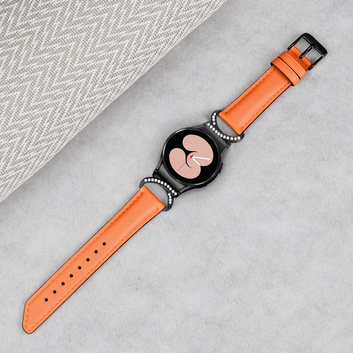 For Samsung Galaxy Watch6 40mm 44mm / Watch6 Classic 43mm 47mm / Watch 5 40mm 44mm / Watch4 40mm 44mm Split Leather Strap Rhinestone D-shape Connector Replacement Band with Black Buckle