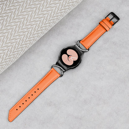 For Samsung Galaxy Watch6 40mm 44mm / Watch6 Classic 43mm 47mm / Watch 5 40mm 44mm / Watch4 40mm 44mm Split Leather Strap Rhinestone D-shape Connector Replacement Band with Black Buckle