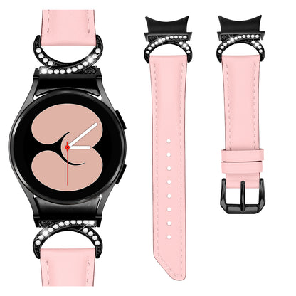 For Samsung Galaxy Watch6 40mm 44mm / Watch6 Classic 43mm 47mm / Watch 5 40mm 44mm / Watch4 40mm 44mm Split Leather Strap Rhinestone D-shape Connector Replacement Band with Black Buckle