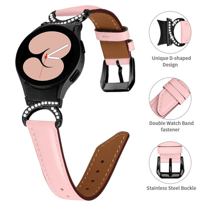 For Samsung Galaxy Watch6 40mm 44mm / Watch6 Classic 43mm 47mm / Watch 5 40mm 44mm / Watch4 40mm 44mm Split Leather Strap Rhinestone D-shape Connector Replacement Band with Black Buckle