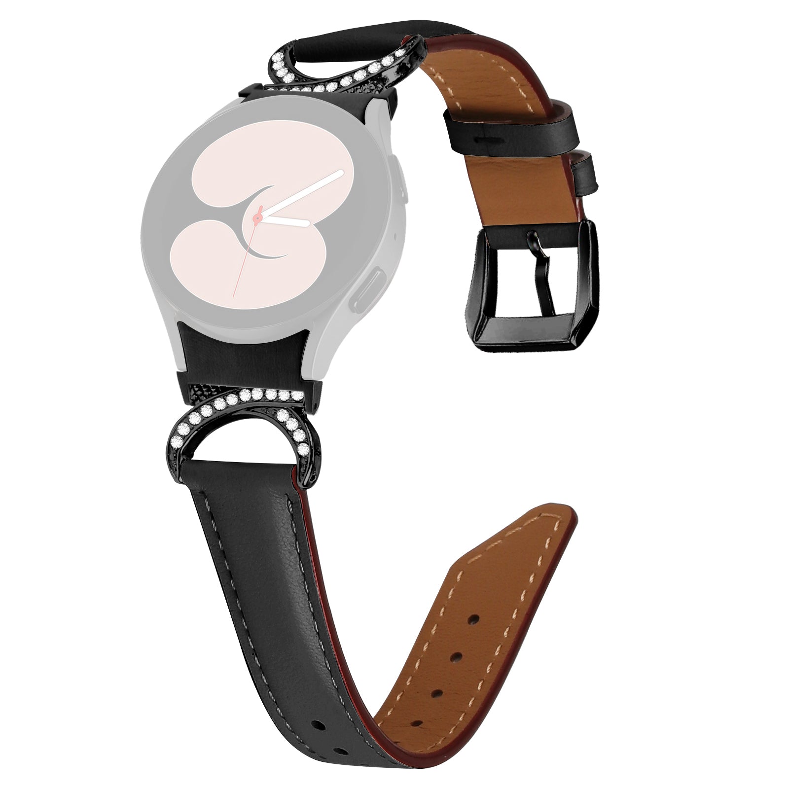 For Samsung Galaxy Watch6 40mm 44mm / Watch6 Classic 43mm 47mm / Watch 5 40mm 44mm / Watch4 40mm 44mm Split Leather Strap Rhinestone D-shape Connector Replacement Band with Black Buckle