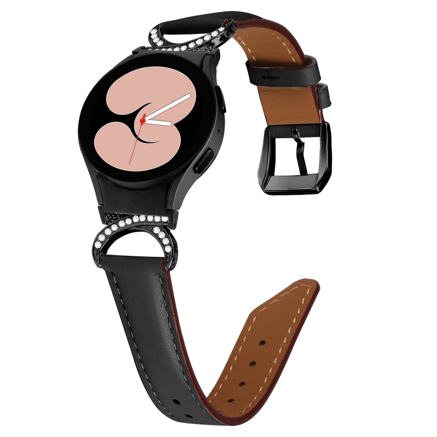 For Samsung Galaxy Watch6 40mm 44mm / Watch6 Classic 43mm 47mm / Watch 5 40mm 44mm / Watch4 40mm 44mm Split Leather Strap Rhinestone D-shape Connector Replacement Band with Black Buckle