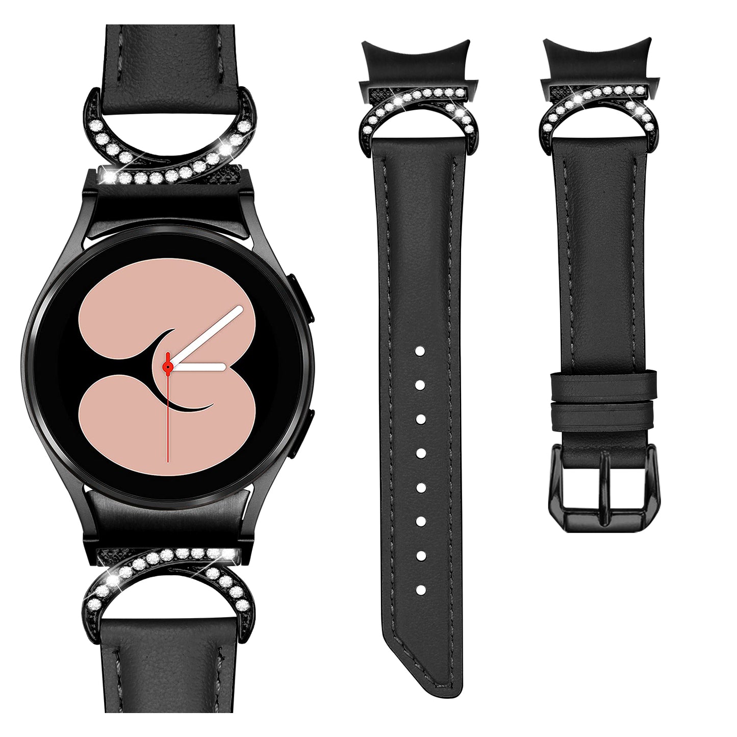 For Samsung Galaxy Watch6 40mm 44mm / Watch6 Classic 43mm 47mm / Watch 5 40mm 44mm / Watch4 40mm 44mm Split Leather Strap Rhinestone D-shape Connector Replacement Band with Black Buckle