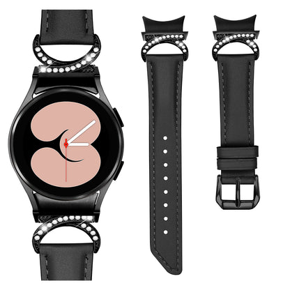 For Samsung Galaxy Watch6 40mm 44mm / Watch6 Classic 43mm 47mm / Watch 5 40mm 44mm / Watch4 40mm 44mm Split Leather Strap Rhinestone D-shape Connector Replacement Band with Black Buckle