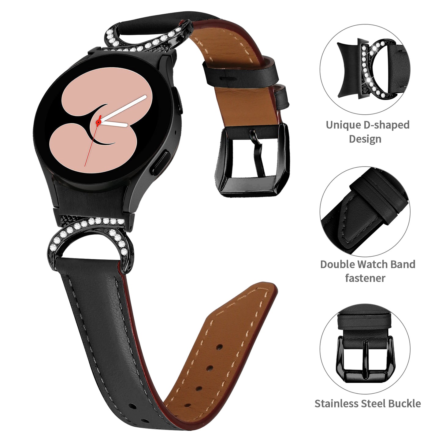 For Samsung Galaxy Watch6 40mm 44mm / Watch6 Classic 43mm 47mm / Watch 5 40mm 44mm / Watch4 40mm 44mm Split Leather Strap Rhinestone D-shape Connector Replacement Band with Black Buckle