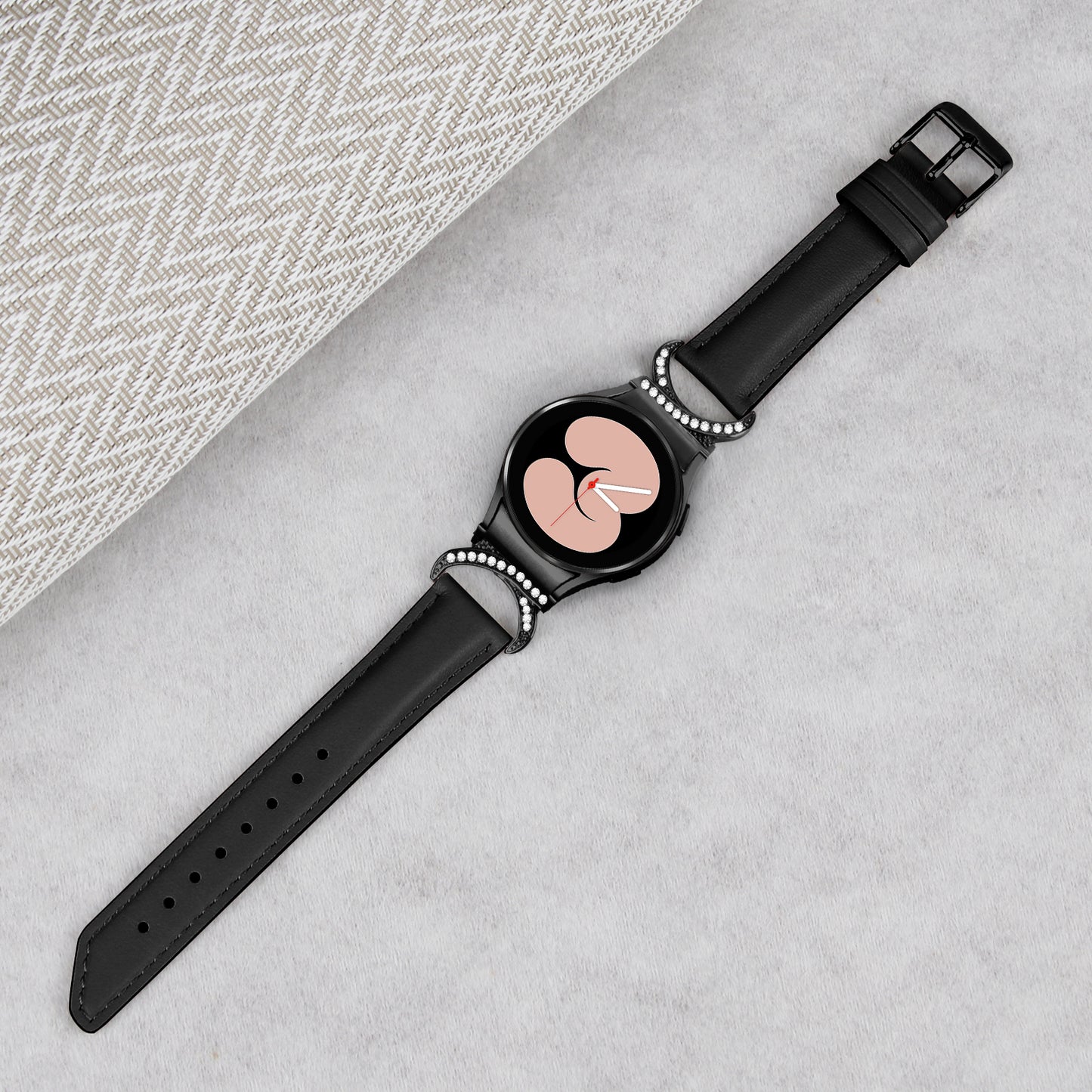 For Samsung Galaxy Watch6 40mm 44mm / Watch6 Classic 43mm 47mm / Watch 5 40mm 44mm / Watch4 40mm 44mm Split Leather Strap Rhinestone D-shape Connector Replacement Band with Black Buckle