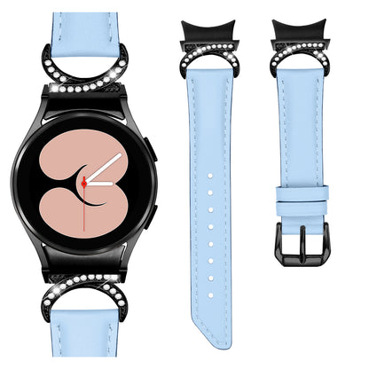 For Samsung Galaxy Watch6 40mm 44mm / Watch6 Classic 43mm 47mm / Watch 5 40mm 44mm / Watch4 40mm 44mm Split Leather Strap Rhinestone D-shape Connector Replacement Band with Black Buckle