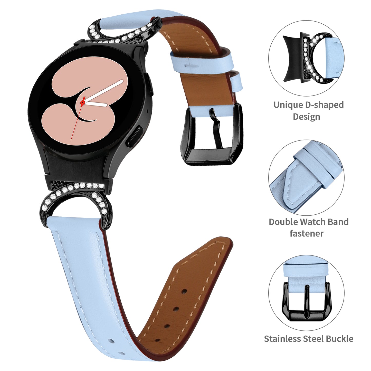 For Samsung Galaxy Watch6 40mm 44mm / Watch6 Classic 43mm 47mm / Watch 5 40mm 44mm / Watch4 40mm 44mm Split Leather Strap Rhinestone D-shape Connector Replacement Band with Black Buckle