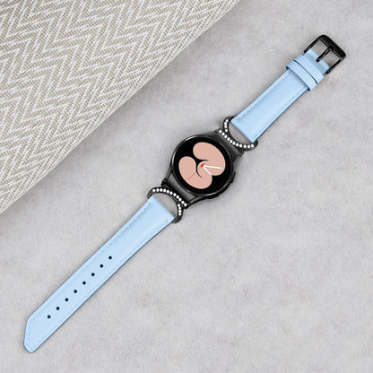 For Samsung Galaxy Watch6 40mm 44mm / Watch6 Classic 43mm 47mm / Watch 5 40mm 44mm / Watch4 40mm 44mm Split Leather Strap Rhinestone D-shape Connector Replacement Band with Black Buckle