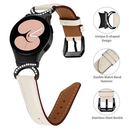 For Samsung Galaxy Watch6 40mm 44mm / Watch6 Classic 43mm 47mm / Watch 5 40mm 44mm / Watch4 40mm 44mm Split Leather Strap Rhinestone D-shape Connector Replacement Band with Black Buckle