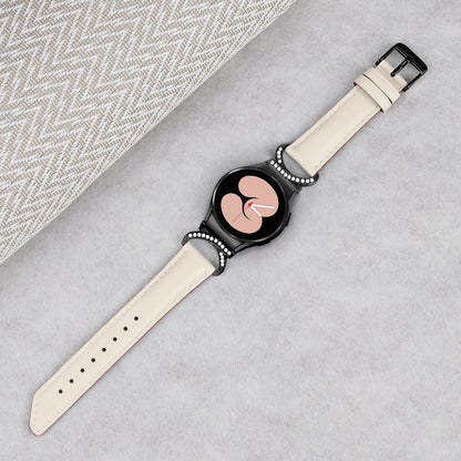 For Samsung Galaxy Watch6 40mm 44mm / Watch6 Classic 43mm 47mm / Watch 5 40mm 44mm / Watch4 40mm 44mm Split Leather Strap Rhinestone D-shape Connector Replacement Band with Black Buckle