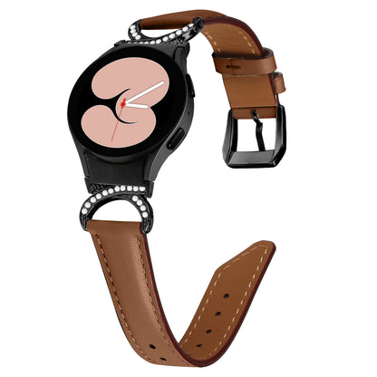 For Samsung Galaxy Watch6 40mm 44mm / Watch6 Classic 43mm 47mm / Watch 5 40mm 44mm / Watch4 40mm 44mm Split Leather Strap Rhinestone D-shape Connector Replacement Band with Black Buckle