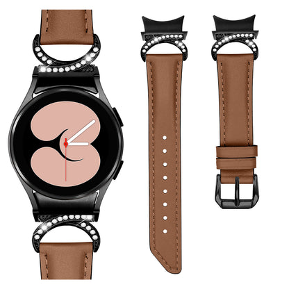 For Samsung Galaxy Watch6 40mm 44mm / Watch6 Classic 43mm 47mm / Watch 5 40mm 44mm / Watch4 40mm 44mm Split Leather Strap Rhinestone D-shape Connector Replacement Band with Black Buckle