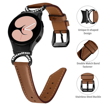 For Samsung Galaxy Watch6 40mm 44mm / Watch6 Classic 43mm 47mm / Watch 5 40mm 44mm / Watch4 40mm 44mm Split Leather Strap Rhinestone D-shape Connector Replacement Band with Black Buckle