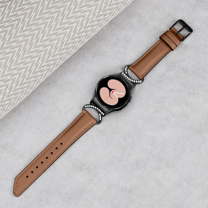 For Samsung Galaxy Watch6 40mm 44mm / Watch6 Classic 43mm 47mm / Watch 5 40mm 44mm / Watch4 40mm 44mm Split Leather Strap Rhinestone D-shape Connector Replacement Band with Black Buckle