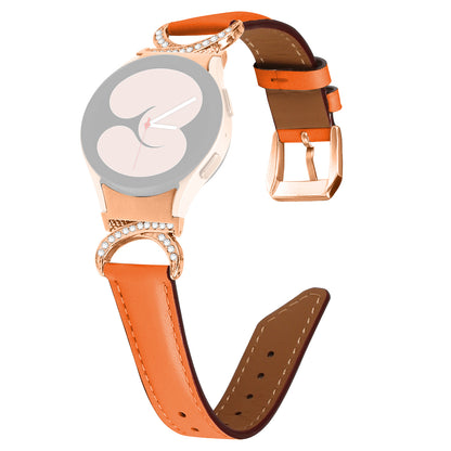 For Samsung Galaxy Watch6 40mm 44mm / Watch6 Classic 43mm 47mm / Watch 5 40mm 44mm / Watch4 40mm 44mm Rhinestone D-shape Connector Wrist Band Adjustable Split Leather Strap with Rose Gold Buckle