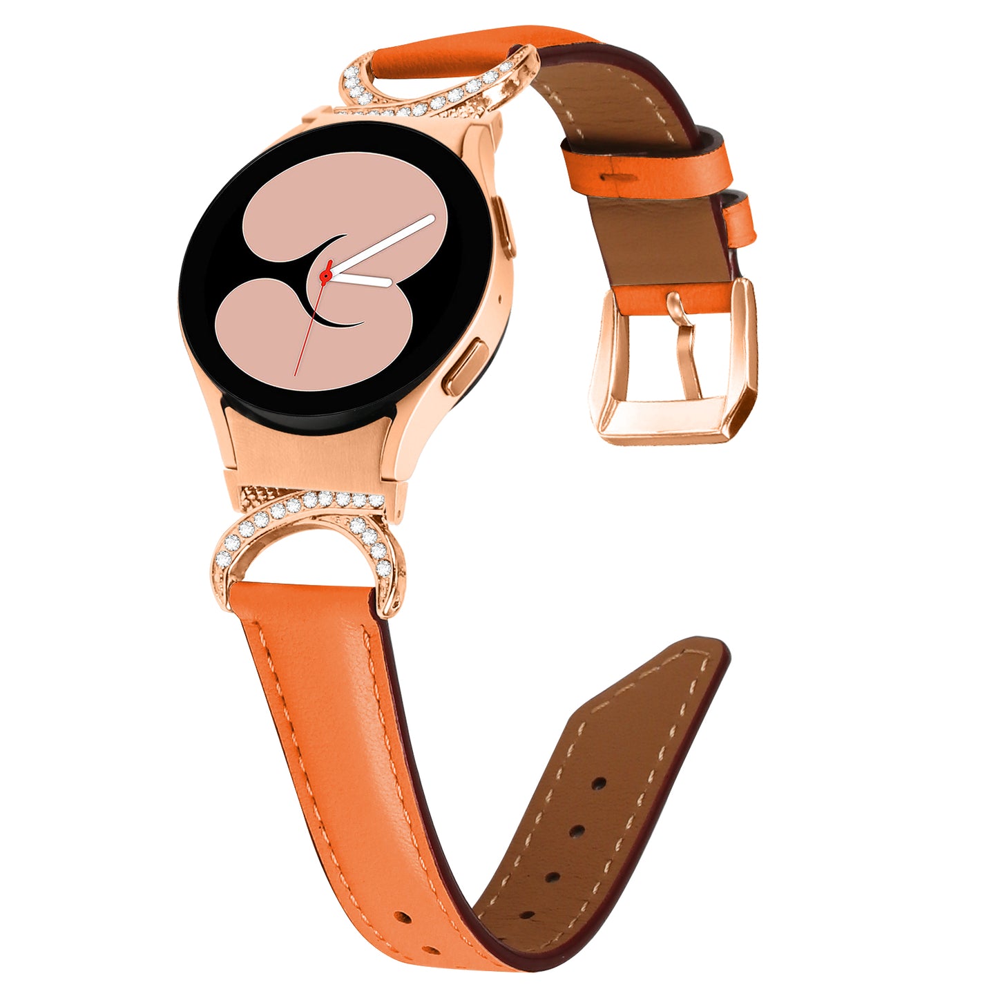 For Samsung Galaxy Watch6 40mm 44mm / Watch6 Classic 43mm 47mm / Watch 5 40mm 44mm / Watch4 40mm 44mm Rhinestone D-shape Connector Wrist Band Adjustable Split Leather Strap with Rose Gold Buckle