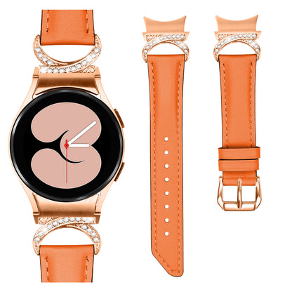 For Samsung Galaxy Watch6 40mm 44mm / Watch6 Classic 43mm 47mm / Watch 5 40mm 44mm / Watch4 40mm 44mm Rhinestone D-shape Connector Wrist Band Adjustable Split Leather Strap with Rose Gold Buckle