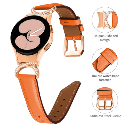 For Samsung Galaxy Watch6 40mm 44mm / Watch6 Classic 43mm 47mm / Watch 5 40mm 44mm / Watch4 40mm 44mm Rhinestone D-shape Connector Wrist Band Adjustable Split Leather Strap with Rose Gold Buckle