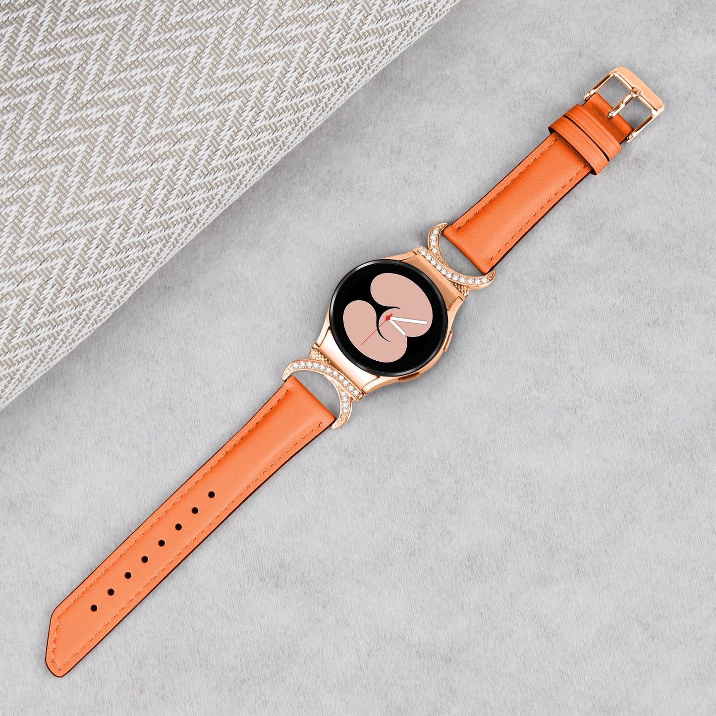 For Samsung Galaxy Watch6 40mm 44mm / Watch6 Classic 43mm 47mm / Watch 5 40mm 44mm / Watch4 40mm 44mm Rhinestone D-shape Connector Wrist Band Adjustable Split Leather Strap with Rose Gold Buckle