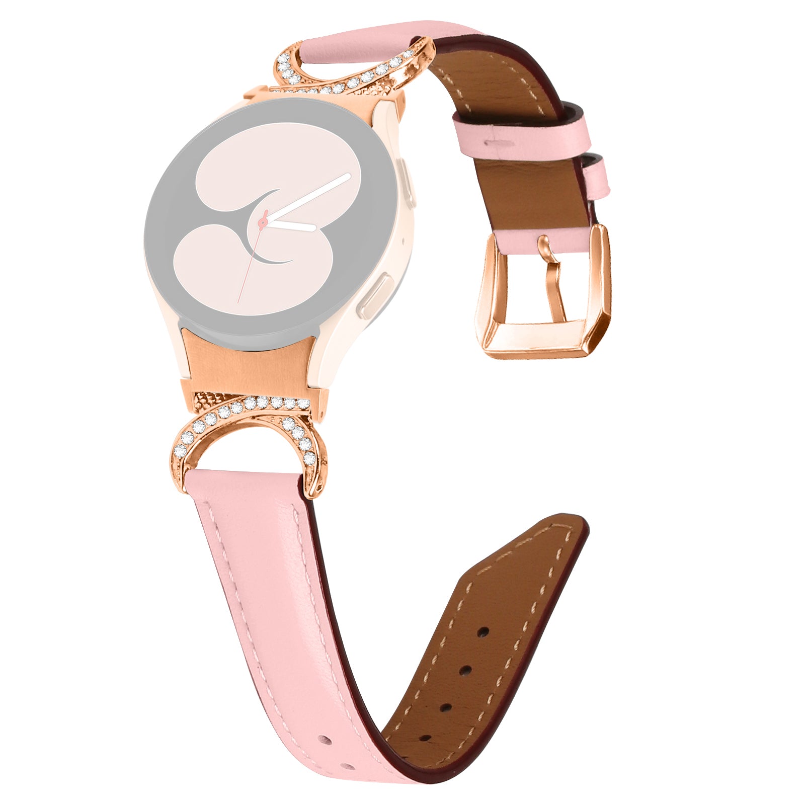 For Samsung Galaxy Watch6 40mm 44mm / Watch6 Classic 43mm 47mm / Watch 5 40mm 44mm / Watch4 40mm 44mm Rhinestone D-shape Connector Wrist Band Adjustable Split Leather Strap with Rose Gold Buckle