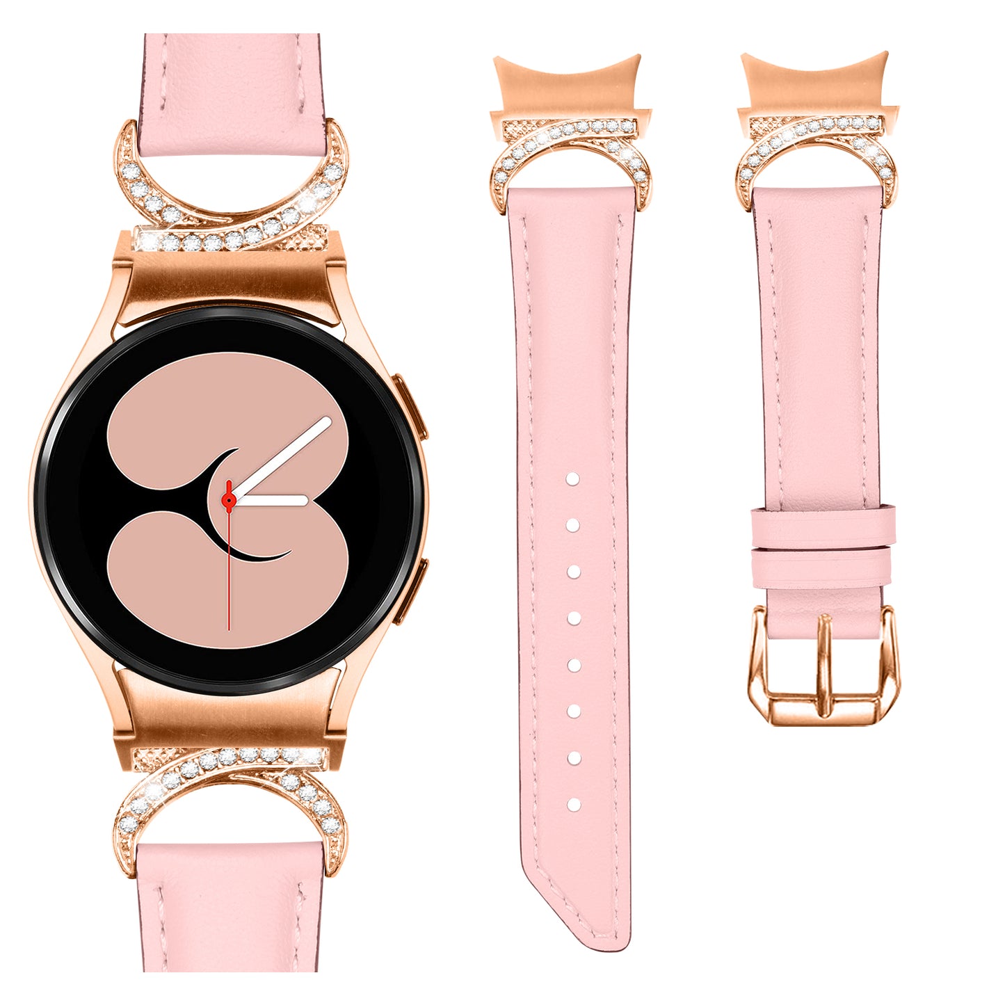 For Samsung Galaxy Watch6 40mm 44mm / Watch6 Classic 43mm 47mm / Watch 5 40mm 44mm / Watch4 40mm 44mm Rhinestone D-shape Connector Wrist Band Adjustable Split Leather Strap with Rose Gold Buckle