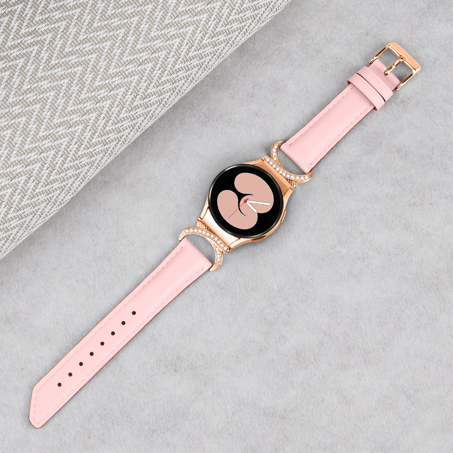 For Samsung Galaxy Watch6 40mm 44mm / Watch6 Classic 43mm 47mm / Watch 5 40mm 44mm / Watch4 40mm 44mm Rhinestone D-shape Connector Wrist Band Adjustable Split Leather Strap with Rose Gold Buckle